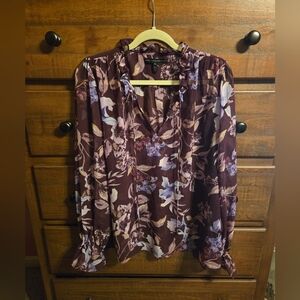 White House Black Market Floral Ruffle Tie-Neck Blouse - Plum SZ XL